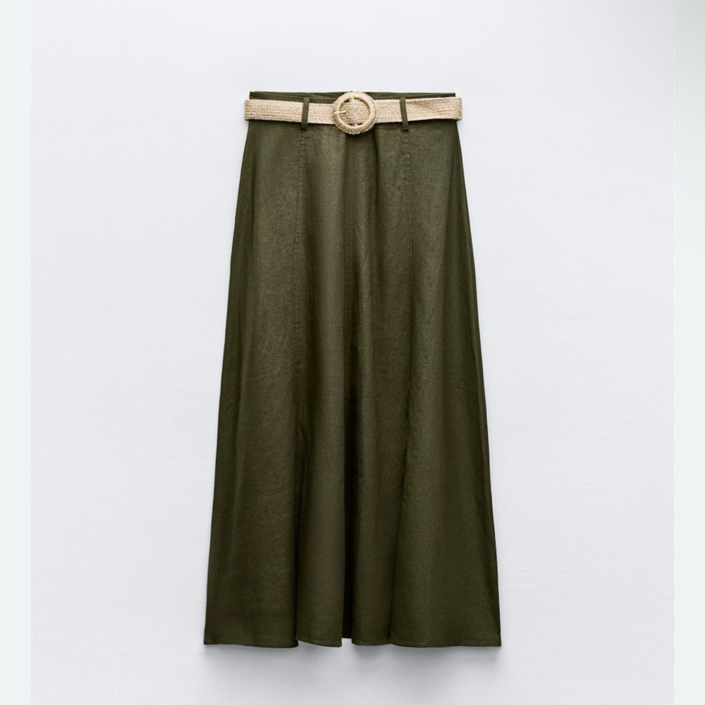 Zara Green Maxi A-Line Pleated Skirt